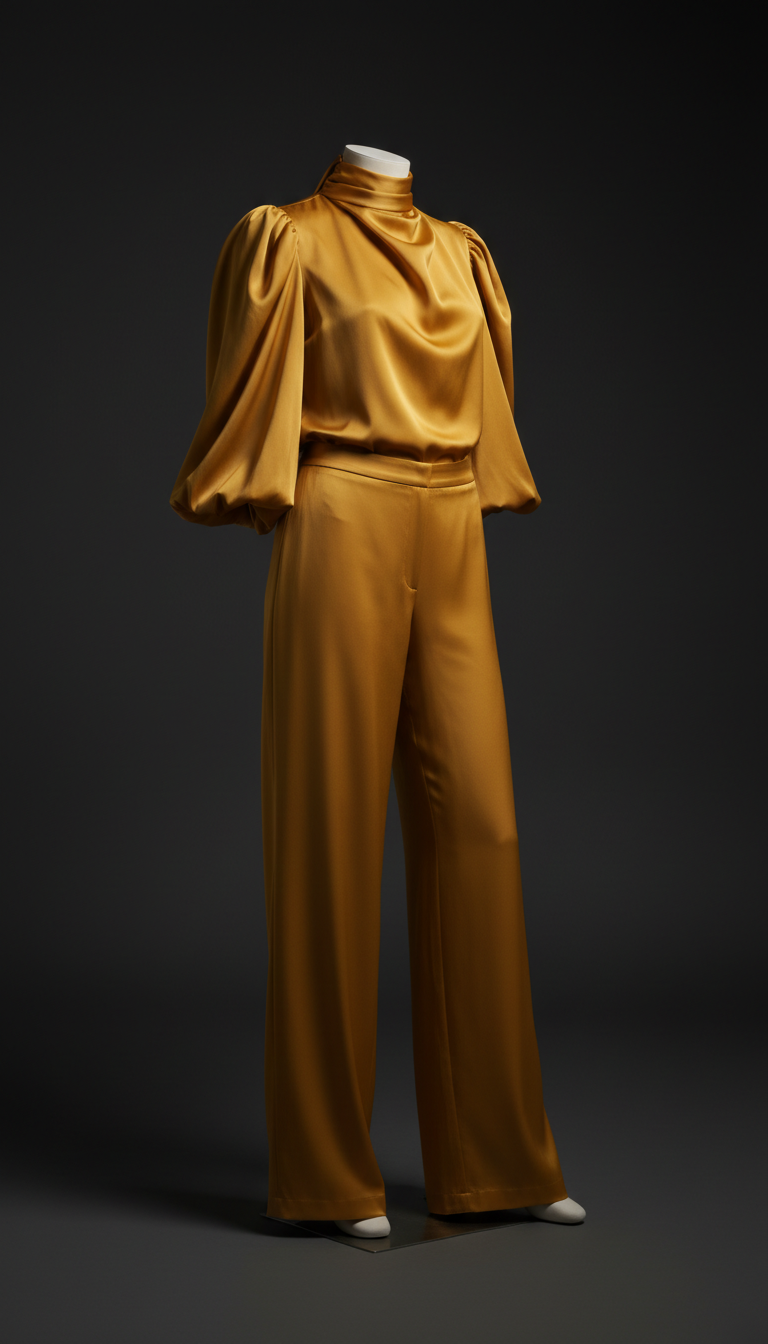 Golden Amber Statement Blouse With Silk Trousers